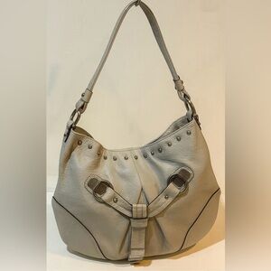 B Makowsky Gray Genuine Leather Studded Hobo Shoulder Bag Tote Purse